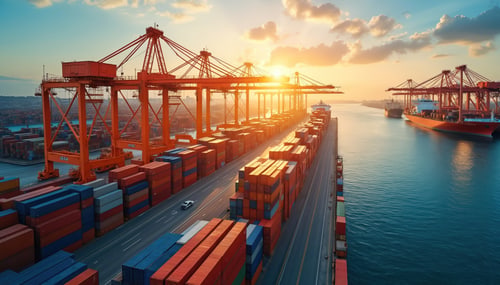 Containerhafen mit Verladekränen – Import und Export