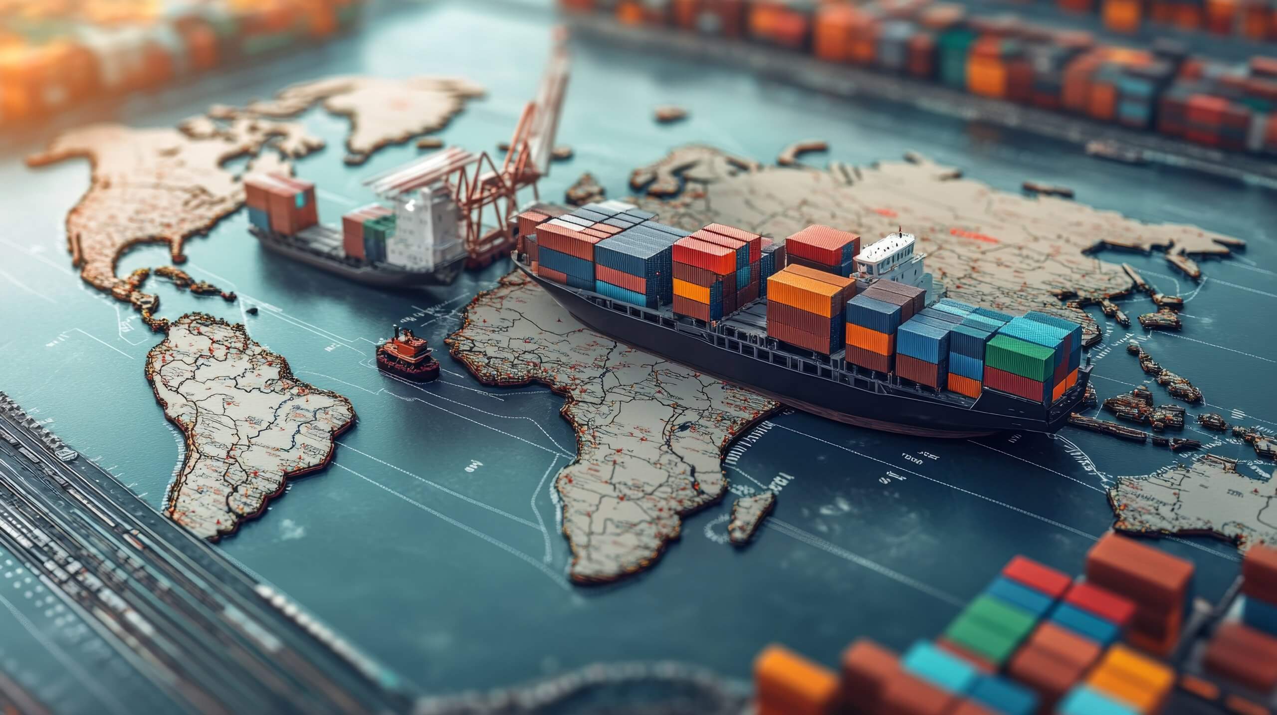 Weltweite Warenbeschaffung – Containerschiff auf einer Weltkarte